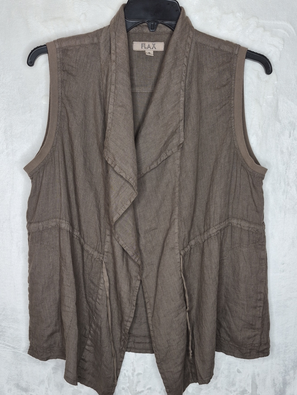 Flax Neutral Brown 100% Linen Draped Open Front Asymmetrical Enwrap Vest Size S